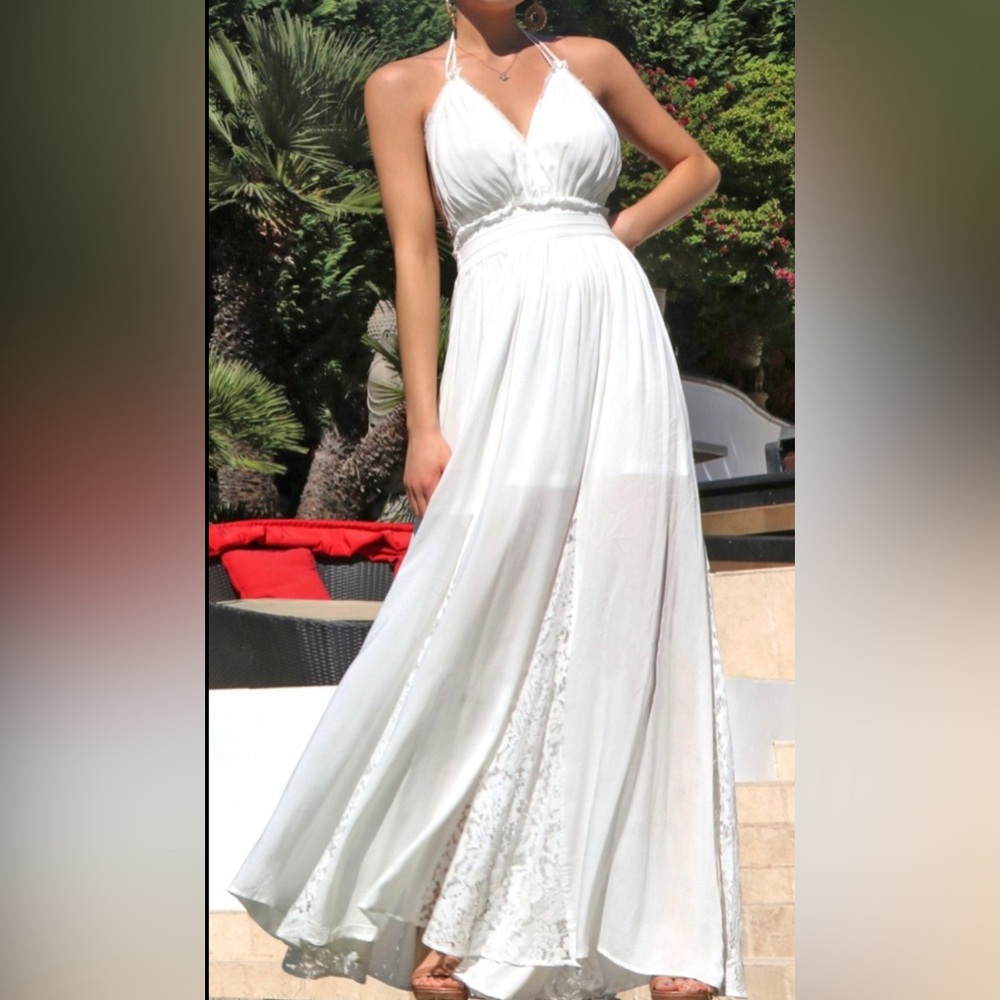 Autym Off White Deep Vee Halter Lace Trim Godet Maxi Dress